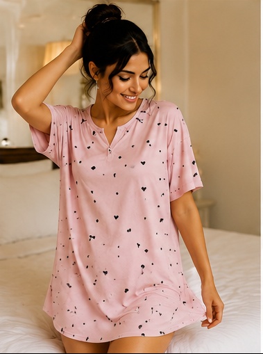 Women’s Pink Heart Print Short Sleeve Night Suit Set